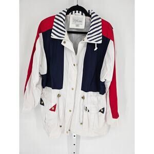 Kent Street Women's Red-White-Blue Patchwork Vintage Hidden Zip-Up Jacket Size L